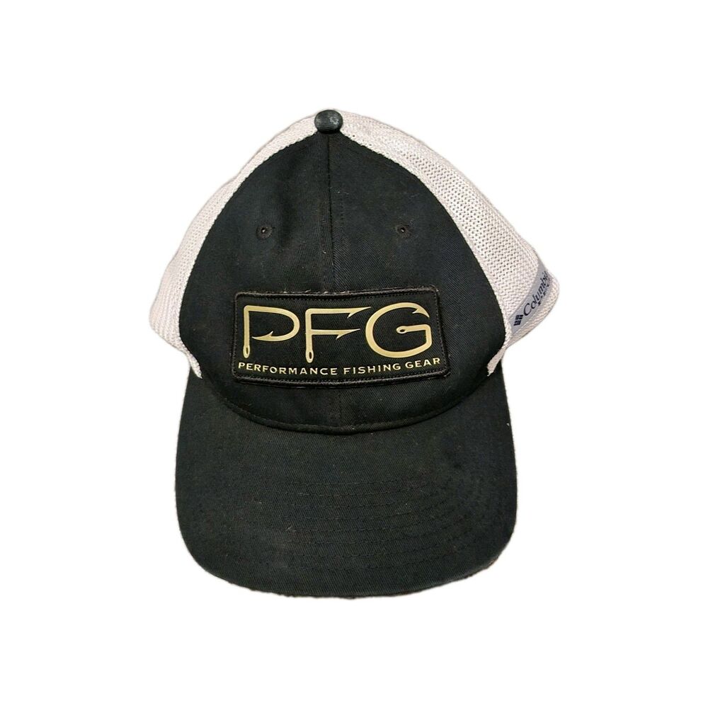 Columbia PFG Hooks Mesh Ball Cap Hat Black Gold Fitted Trucker Grunge Fishing